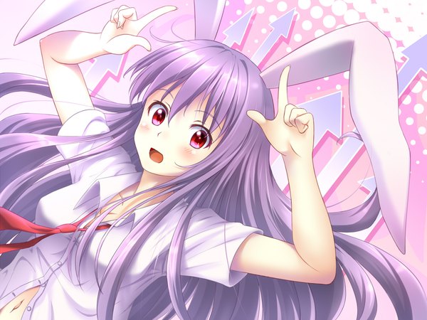 Anime-Bild 1000x750 mit touhou reisen udongein inaba mount whip single long hair looking at viewer blush fringe hair between eyes animal ears purple hair upper body pink eyes arms up bunny ears partially open clothes pointing girl navel shirt