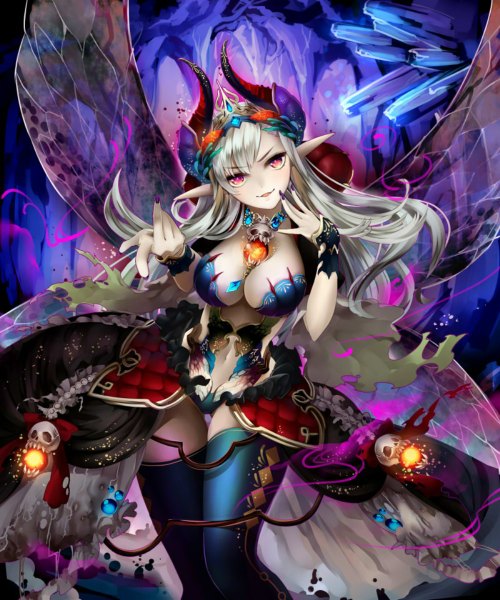 Anime picture 1000x1200 with original toi (4089597) single long hair tall image fringe breasts light erotic red eyes large breasts standing nail polish horn (horns) fingernails light smile pointy ears grey hair midriff glowing skull and crossbones