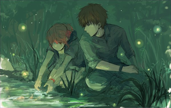 Anime picture 1183x751 with pancake-waddle long hair short hair blonde hair red eyes sitting profile orange hair couple girl boy flower (flowers) plant (plants) tree (trees) water bracelet hood insect grass fish (fishes)