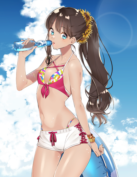 Anime picture 1139x1470 with original sino42 single long hair tall image looking at viewer blue eyes light erotic brown hair sky cloud (clouds) ponytail nail polish hair flower :o sweat summer drinking girl flower (flowers)