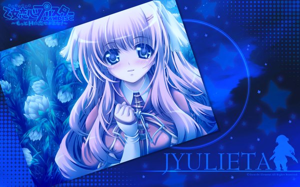 Anime picture 1920x1200 with otome renshin prister selphie marian jyulieta mitsuki mantarou single long hair looking at viewer highres blue eyes wide image pink hair long sleeves copyright name character names sleeves past wrists girl bobby pin