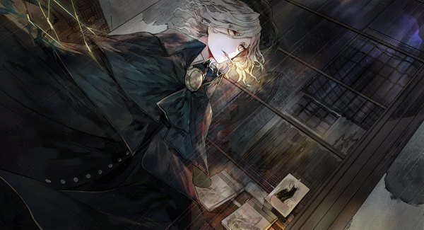 Anime picture 1200x651 with fate (series) fate/grand order edmond dantes (fate/grand order) mo (mocopo) single looking at viewer short hair wide image yellow eyes grey hair dutch angle smoking curly hair boy hat cloak cigarette