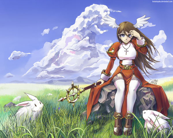 Anime picture 1280x1024 with ragnarok online high priest lunatic krokobyaka single long hair looking at viewer blue eyes smile brown hair signed cloud (clouds) wallpaper angel wings head wings field girl thighhighs plant (plants) animal