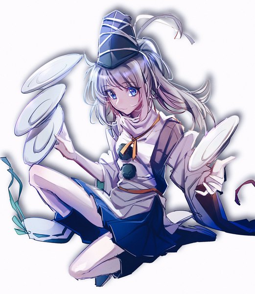 Anime picture 1780x2048 with touhou mononobe no futo aibivy single long hair tall image highres blue eyes simple background white background payot silver hair full body ponytail traditional clothes japanese clothes spread arms girl hat pom pom (clothes)