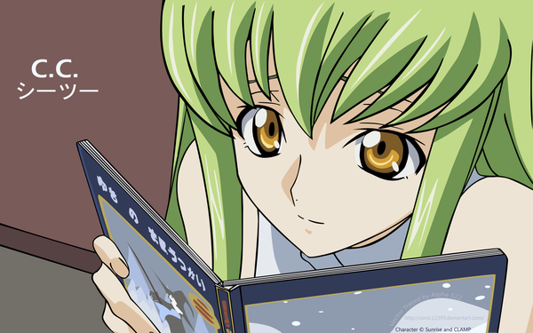 Anime picture 1600x1000 with code geass sunrise (studio) c.c. single long hair fringe smile wide image holding yellow eyes payot green hair vector reading girl book (books)