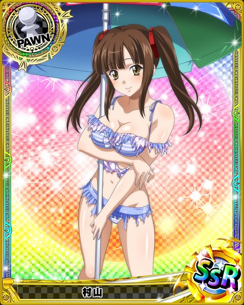 Anime picture 640x800 with highschool dxd kusaka reya single long hair tall image looking at viewer blush light erotic smile brown hair twintails brown eyes torn clothes card (medium) girl skirt underwear panties ribbon (ribbons) hair ribbon