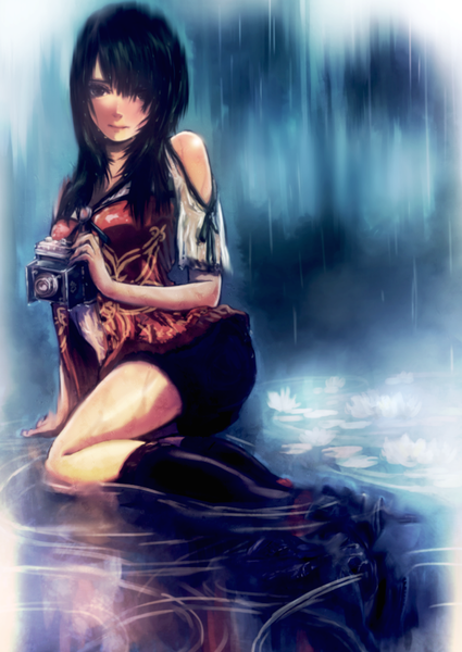 Anime picture 800x1130 with fatal frame fatal frame 5 kozukata yuuri gausu single long hair tall image looking at viewer fringe breasts black hair sitting holding lips hair over one eye arm support wet rain girl knee socks