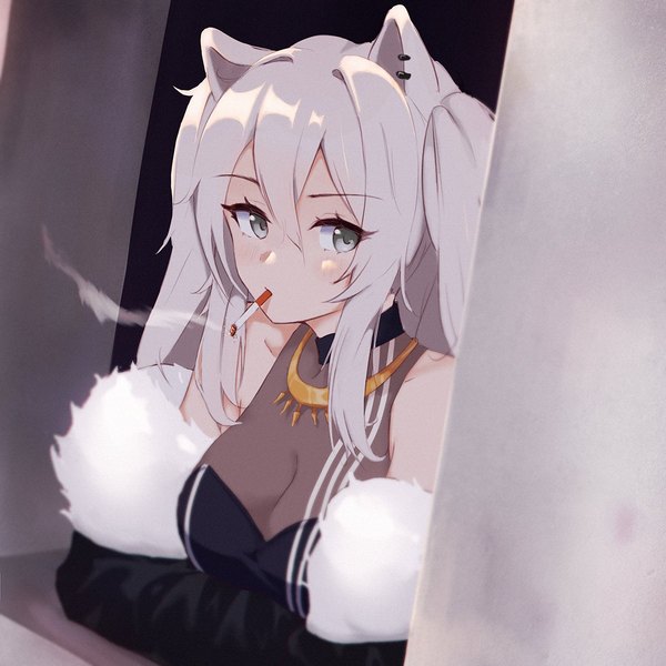 Anime picture 1200x1200 with virtual youtuber hololive shishiro botan shishiro botan (1st costume) mino (minosura27) single long hair looking at viewer breasts large breasts animal ears payot cleavage silver hair cat ears off shoulder grey eyes two side up fur trim piercing