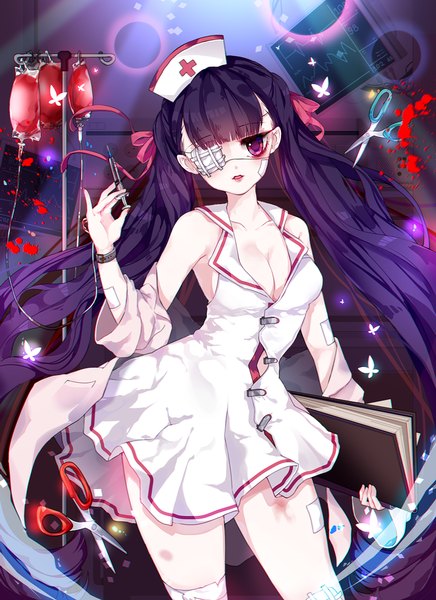 Anime picture 740x1017 with original harin 0 single tall image looking at viewer fringe standing purple eyes holding cleavage purple hair indoors very long hair parted lips head tilt pink eyes wide sleeves no bra short sleeves nurse