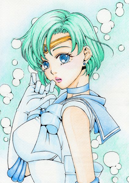 Anime picture 1604x2280 with bishoujo senshi sailor moon toei animation mizuno ami sailor mercury sayococco single tall image short hair breasts blue eyes large breasts looking away lips aqua hair finger to mouth magical girl traditional media colored pencil (medium) girl gloves