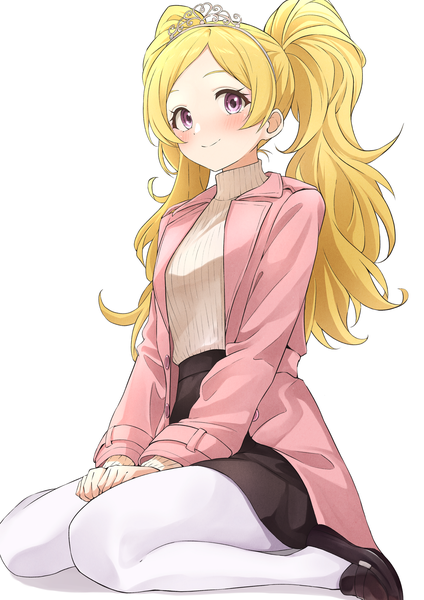 Anime picture 3035x4299 with idolmaster idolmaster million live! emily stewart b1ack illust single long hair tall image looking at viewer blush highres simple background blonde hair smile white background sitting purple eyes twintails absurdres wariza girl