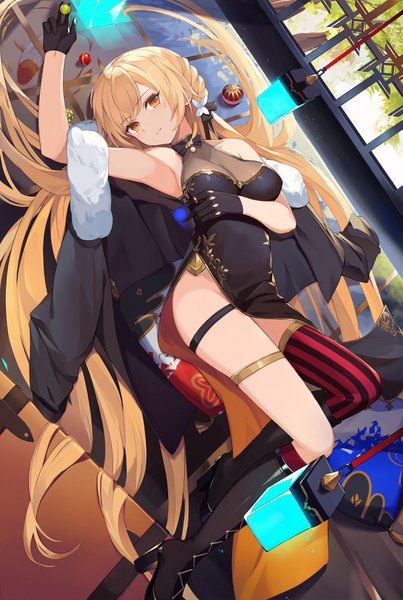 Anime picture 2223x3308 with girls frontline ots-14 (girls frontline) ots-14 (sangria succulent) (girls' frontline) eruthika single tall image looking at viewer blush fringe highres breasts light erotic blonde hair yellow eyes indoors lying very long hair traditional clothes arm up light smile