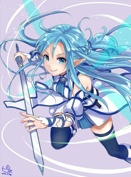 Anime picture 757x1020 with sword art online a-1 pictures yuuki asuna pisuke single long hair tall image looking at viewer blush simple background smile braid (braids) pointy ears aqua hair zettai ryouiki girl thighhighs skirt weapon detached sleeves