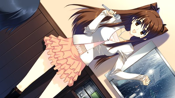 Anime picture 1280x720 with white album 2 ogiso setsuna long hair open mouth brown hair wide image brown eyes game cg girl skirt miniskirt microphone