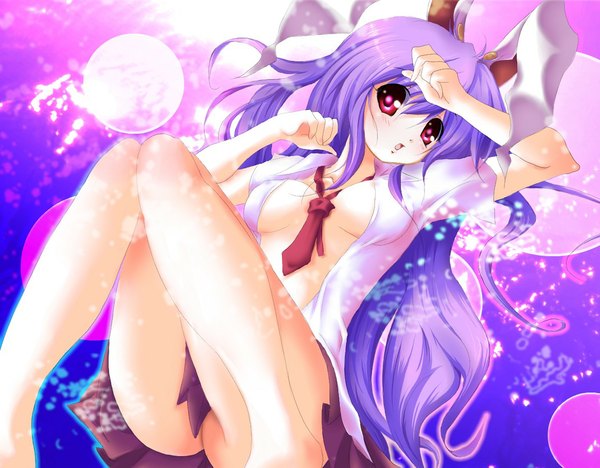 Anime picture 1160x906 with touhou reisen udongein inaba kisaichi jin single long hair looking at viewer blush breasts open mouth light erotic red eyes purple hair open clothes bunny ears open shirt legs girl necktie