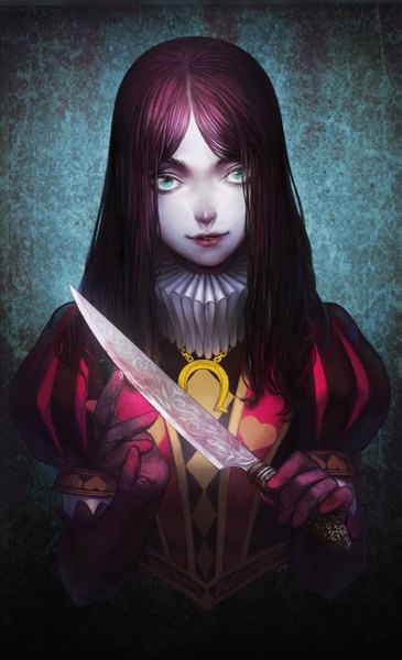 Anime picture 731x1200 with alice in wonderland american mcgee's alice (game) alice: madness returns queen of hearts lip (batteryli) single long hair tall image looking at viewer holding red hair aqua eyes lips pale skin crazy smile gloves