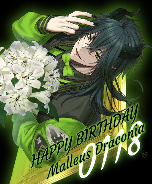 Anime picture 1154x1400 with twisted wonderland malleus draconia suzuka nene single long hair tall image fringe black hair smile hair between eyes green eyes nail polish horn (horns) from above open jacket character names dated black nail polish happy birthday empty picture frame