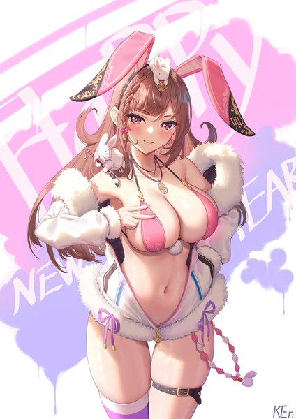 Anime picture 2894x4093 with original ken-san single long hair tall image looking at viewer blush fringe highres breasts light erotic simple background smile red eyes brown hair large breasts standing signed animal ears cleavage