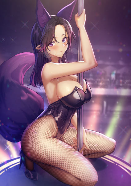 Anime picture 2150x3035 with original solar (happymonk) single long hair tall image looking at viewer blush fringe highres breasts light erotic black hair large breasts purple eyes holding animal ears full body tail animal tail arm up