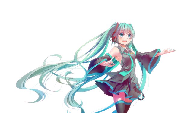 Anime picture 4000x2500 with vocaloid hatsune miku jam (plumjam) single blush highres open mouth simple background white background twintails looking away absurdres very long hair aqua eyes aqua hair girl skirt detached sleeves necktie headphones