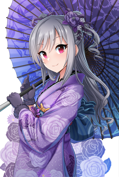 Anime-Bild 1181x1748 mit idolmaster idolmaster cinderella girls idolmaster cinderella girls starlight stage kanzaki ranko kitiku single long hair tall image looking at viewer fringe holding upper body long sleeves traditional clothes japanese clothes pink eyes hair flower grey hair wide sleeves two side up