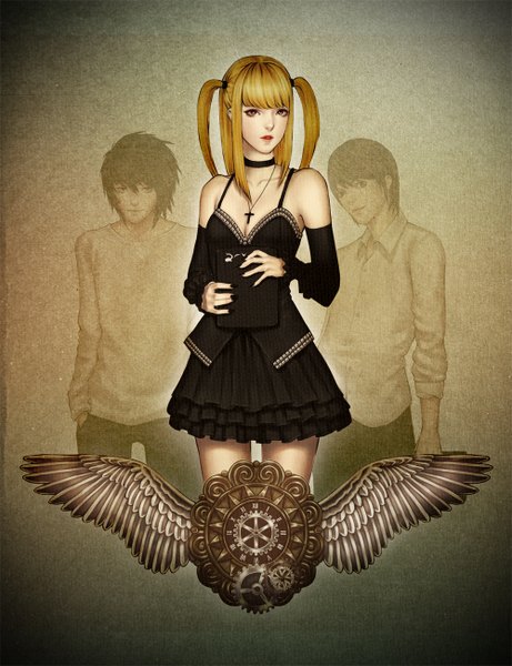 Anime picture 1000x1300 with death note madhouse yagami light l (death note) amane misa naranavy long hair tall image looking at viewer fringe short hair simple background blonde hair hair between eyes standing bare shoulders holding brown eyes blunt bangs nail polish