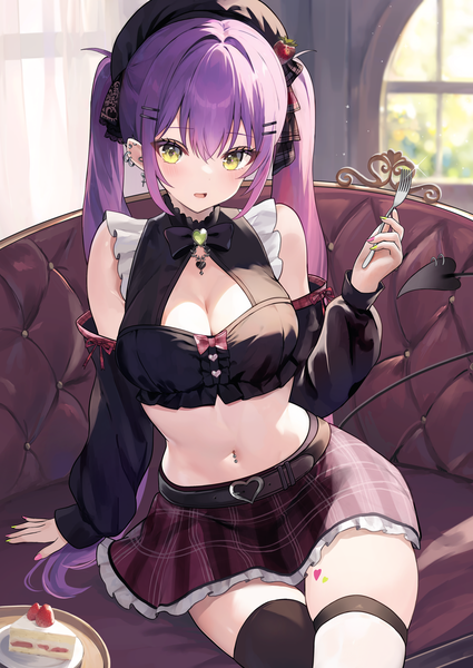 Anime picture 2836x4000 with virtual youtuber hololive tokoyami towa aria (ariacue) single long hair tall image fringe highres breasts light erotic hair between eyes large breasts sitting twintails green eyes cleavage purple hair indoors tail