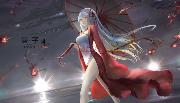 Anime picture 1920x1105 with original wangchuan de quanyan single long hair fringe highres breasts light erotic wide image holding silver hair outdoors long sleeves traditional clothes wind wide sleeves bare legs orange eyes dutch angle one side up