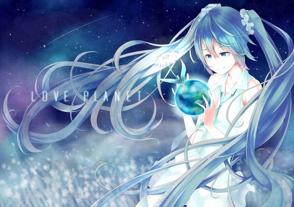 イラスト 1700x1200 と ボーカロイド 初音ミク れつな ソロ 長髪 highres 笑顔 ツインテール 肩出し very long hair aqua eyes aqua hair 女の子 花 ネクタイ サラファン globe