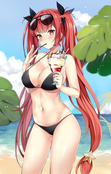 Anime picture 4341x6754 with azur lane honolulu (azur lane) honolulu (summer accident?!) (azur lane) kaetzchen single long hair tall image looking at viewer blush fringe highres breasts light erotic red eyes large breasts standing twintails bare shoulders holding payot