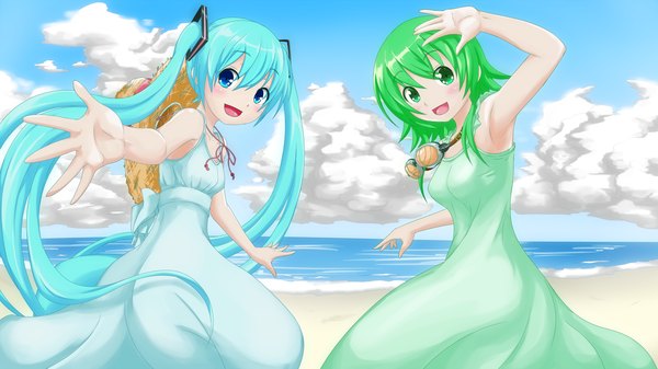 Anime picture 1497x842 with vocaloid hatsune miku gumi yuta1147 long hair blush short hair open mouth blue eyes smile wide image twintails bare shoulders multiple girls blue hair sky cloud (clouds) green hair beach girl