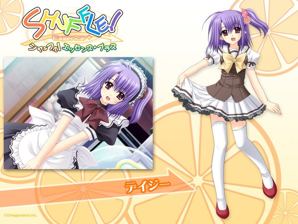 Anime picture 1600x1200 with shuffle! daisy (shuffle) nishimata aoi single blush short hair open mouth smile red eyes standing purple hair ponytail hair flower pointy ears maid text side ponytail girl thighhighs uniform