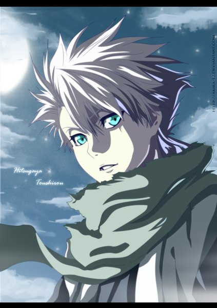 Anime picture 1100x1561 with bleach studio pierrot hitsugaya toushirou akira-12 single tall image short hair green eyes cloud (clouds) traditional clothes japanese clothes light smile grey hair night night sky coloring boy kimono scarf moon
