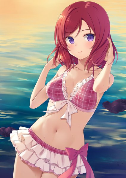 Anime picture 1000x1414 with love live! school idol project sunrise (studio) love live! nishikino maki n.g. single tall image looking at viewer blush fringe short hair breasts light erotic hair between eyes standing purple eyes outdoors red hair light smile adjusting hair