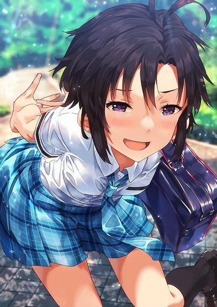 Anime picture 849x1200 with idolmaster idolmaster (classic) kikuchi makoto narumi arata single tall image blush fringe short hair open mouth black hair smile hair between eyes standing purple eyes payot looking away ahoge outdoors pleated skirt