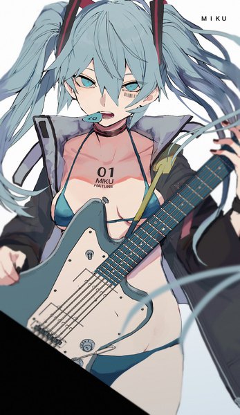 Anime picture 1185x2048 with vocaloid hatsune miku sakusya2honda single long hair tall image looking at viewer fringe breasts light erotic hair between eyes twintails holding blue hair nail polish aqua eyes open jacket character names mouth hold groin