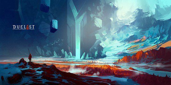 Anime picture 1600x800 with duelyst anton fadeev single wide image standing from behind copyright name winter snow mountain silhouette river nature rock fog warrior ambiguous gender concept art tree (trees) cape