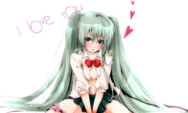 Anime picture 2000x1200 with vocaloid hatsune miku single long hair blush highres light erotic simple background wide image white background twintails green eyes green hair open clothes open shirt girl bow shirt heart
