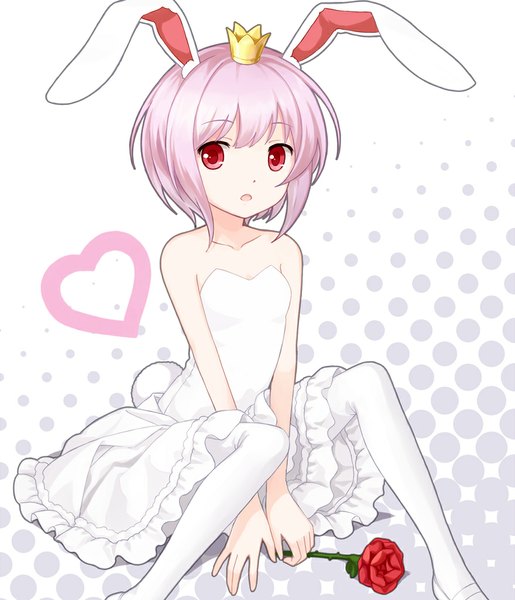 Anime picture 880x1025 with ac japan arigato usagi tucana single tall image short hair open mouth red eyes sitting bare shoulders animal ears pink hair bunny ears girl dress flower (flowers) pantyhose white dress rose (roses) crown