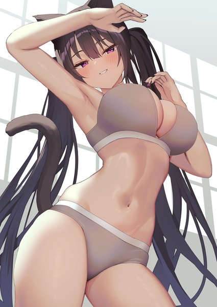 Anime picture 1075x1518 with original mintoaisu single long hair tall image looking at viewer blush fringe breasts light erotic black hair smile large breasts standing twintails animal ears indoors tail blunt bangs nail polish