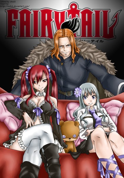 Anime picture 2098x3000 with fairy tail erza scarlet mirajane strauss gildarts clive ioshik long hair tall image highres light erotic simple background smile red eyes brown hair purple eyes twintails multiple girls white hair red hair hair flower black eyes