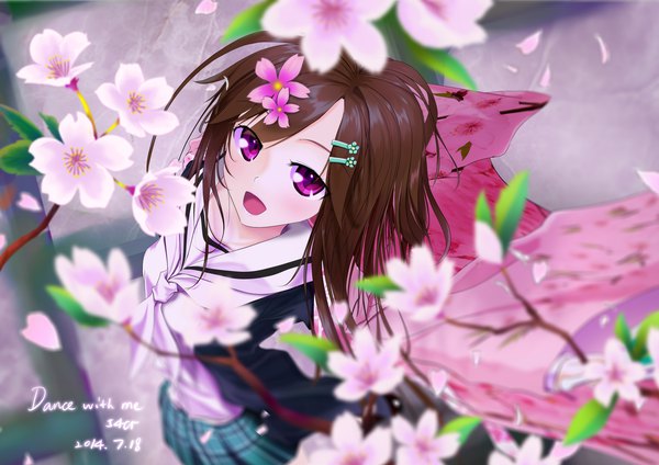 Anime picture 3475x2457 with original 54cr single long hair looking at viewer highres open mouth brown hair purple eyes signed absurdres hair flower from above blurry depth of field text cherry blossoms dated english girl