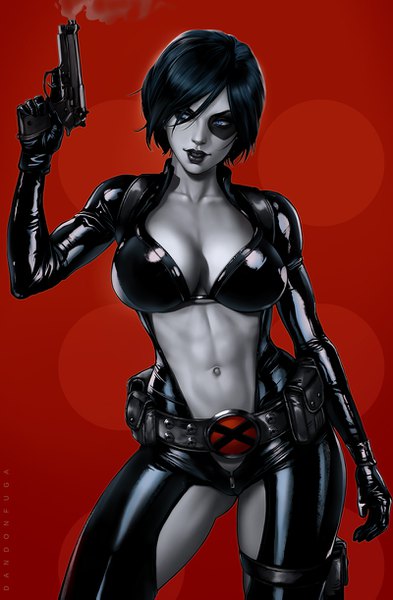 Anime picture 800x1221 with x-men marvel comics domino (marvel) dandon fuga single tall image short hair breasts blue eyes light erotic black hair simple background large breasts looking away lips realistic lipstick smoke red background muscle