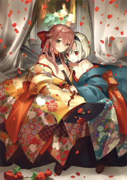 Anime picture 2340x3300 with original eshi 100-nin ten suzukawa yui long hair tall image looking at viewer highres short hair breasts light erotic red eyes brown hair large breasts multiple girls yellow eyes cleavage white hair traditional clothes japanese clothes scan