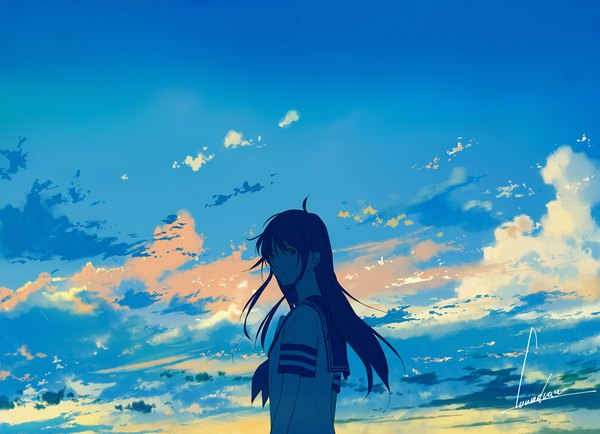 Anime picture 1520x1100 with original loundraw single long hair fringe hair between eyes signed sky cloud (clouds) upper body ahoge outdoors looking back girl uniform serafuku