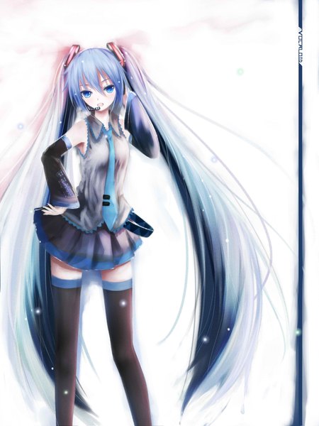 Anime picture 1500x2000 with vocaloid hatsune miku shimmer single tall image looking at viewer blush fringe open mouth blue eyes simple background hair between eyes standing white background twintails bare shoulders payot blue hair very long hair pleated skirt