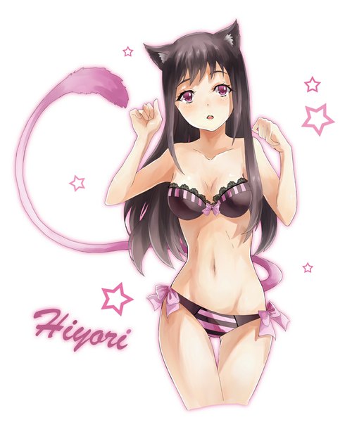 Anime picture 900x1080 with noragami studio bones iki hiyori teka single long hair tall image fringe breasts open mouth light erotic simple background brown hair white background purple eyes bare shoulders animal ears looking away tail cat ears