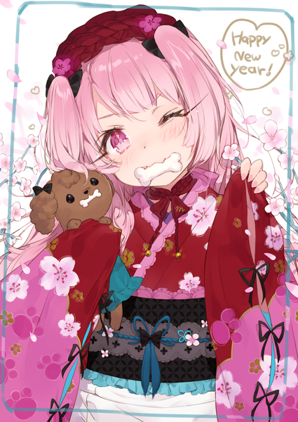Anime picture 1075x1518 with original tonito single long hair tall image looking at viewer blush holding pink hair upper body traditional clothes head tilt japanese clothes one eye closed pink eyes wink mouth hold cherry blossoms new year happy new year