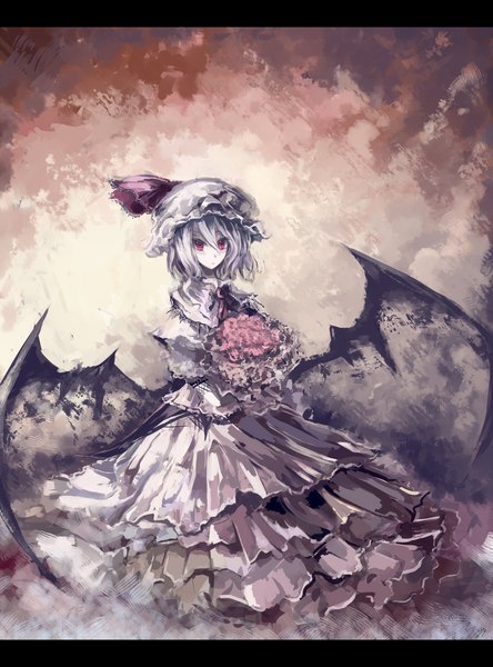 Anime picture 2000x2700 with touhou remilia scarlet ayaya (artist) single tall image highres short hair red eyes blue hair bat wings girl dress hat bouquet