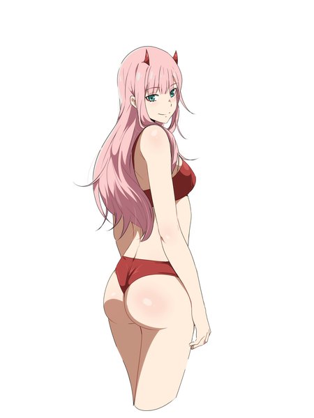 Anime picture 1200x1600 with darling in the franxx studio trigger zero two (darling in the franxx) sbel02 single long hair tall image looking at viewer blush fringe breasts light erotic simple background smile standing white background pink hair ass blunt bangs horn (horns)